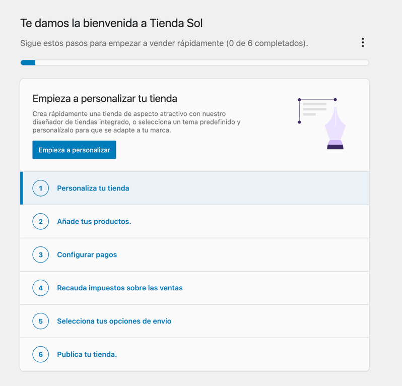 Panel de inicio de WooCommerce mostrando los pasos para personalizar la tienda