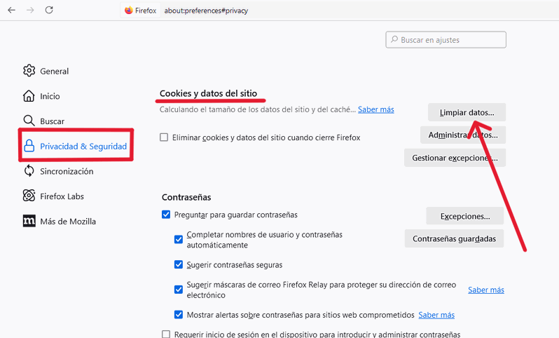 limpiar datos de cache en FireFox