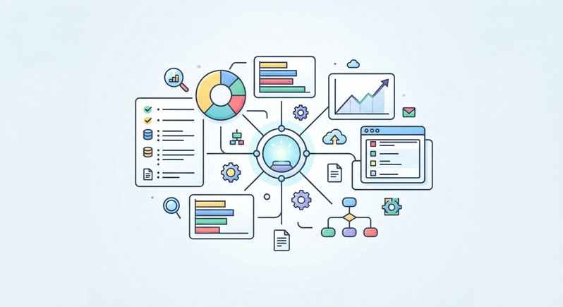 Un esquema centralizado rodeado por múltiples gráficos estadísticos, diagramas de sectores, listas de verificación y herramientas de gestión de datos.