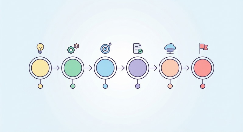 Un diagrama de flujo horizontal compuesto por seis círculos conectados secuencialmente con iconos que representan una idea, engranajes, un objetivo, validación, servidores y una bandera final.
