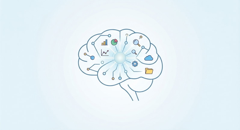Una ilustración de un cerebro azul con conexiones de red, engranajes, iconos de nube, carpetas y gráficos estadísticos en su interior.