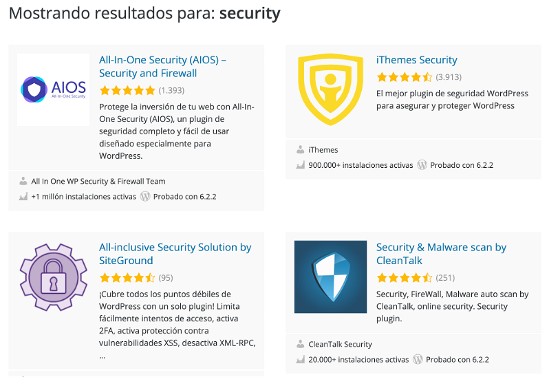 Plugin de seguridad para WordPress: All-in-One Security, iThemes Security, All-inclusive Security y Security & Malware scan.