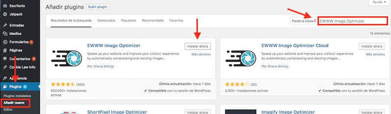 Seccion de plugins de WordPress