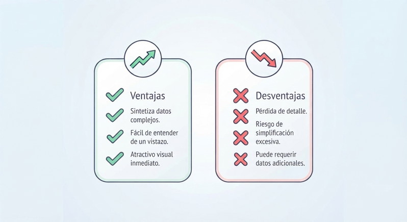 Una infografía comparativa con dos paneles (verde para ventajas y rojo para desventajas) que enumera puntos clave como la síntesis de datos frente al riesgo de simplificación excesiva.