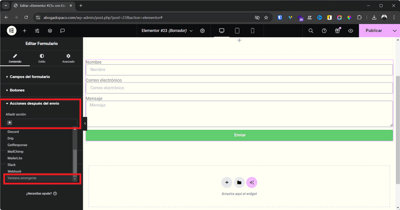 abrir ventana emergente desde formulario elementor
