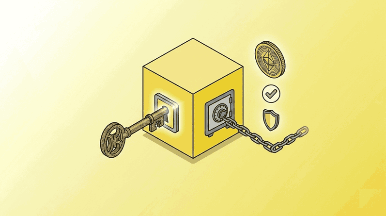 Criptografía y acceso en Web3, la clave privada como identidad digital soberana Caja fuerte con clave y moneda cripto representando el acceso mediante criptografía en una wallet Web3