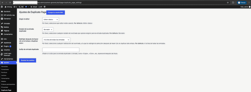 Panel de ajustes del plugin Duplicate Page