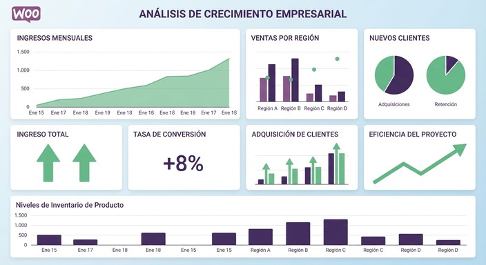 Panel de informes de un ERP con ingresos, ventas por región y niveles de inventario