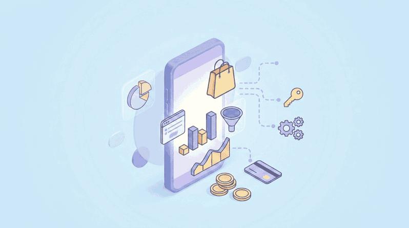 Análisis de datos y embudo de conversión en una tienda de social commerce Embudo de conversión con gráficas de barras, monedas y tarjeta de crédito en smartphone ilustrando el rendimiento de ventas en social commerce