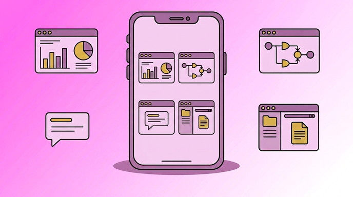 Programación, analítica y colaboración en una herramienta de gestión de redes sociales Móvil rodeado de ventanas con gráficos y calendario de publicaciones de una herramienta de gestión de redes sociales