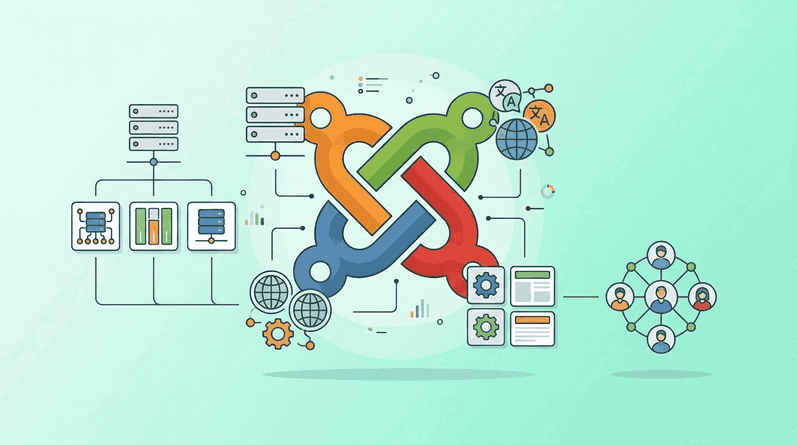 Arquitectura del ecosistema Joomla: servidores, bases de datos y conectividad global Esquema del ecosistema de Joomla con servidores, base de datos y conectividad web