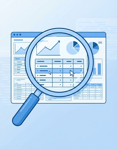 Interpretación de los datos web Lupa sobre un informe con tablas y gráficas para revisar los datos de una web