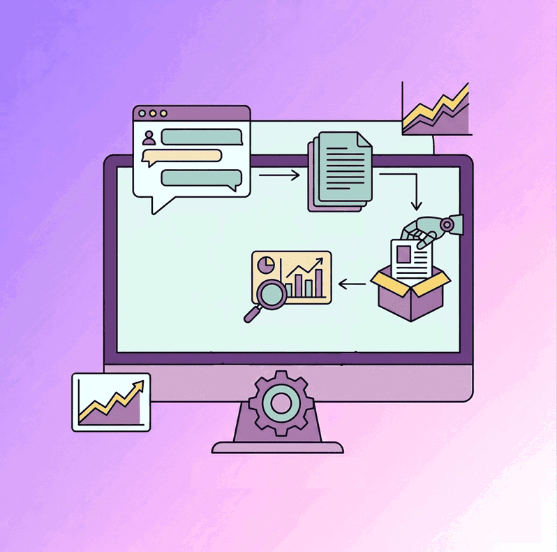 Automatización y flujo de trabajo con herramientas de IA Diagrama de un flujo de trabajo automatizado con IA que conecta chat, documentos y análisis de datos