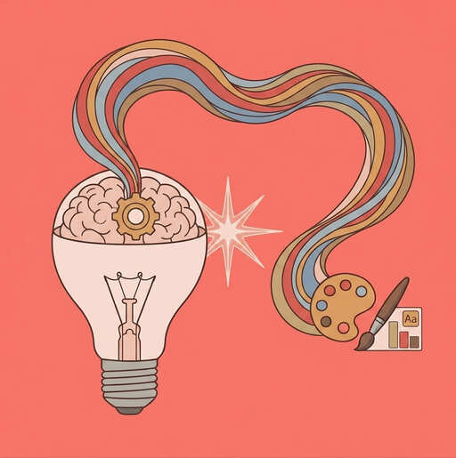 La IA convierte una idea suelta en una presentación acabada Bombilla con un cerebro en su interior y trazos de color hacia una paleta, idea visual de la IA para presentaciones