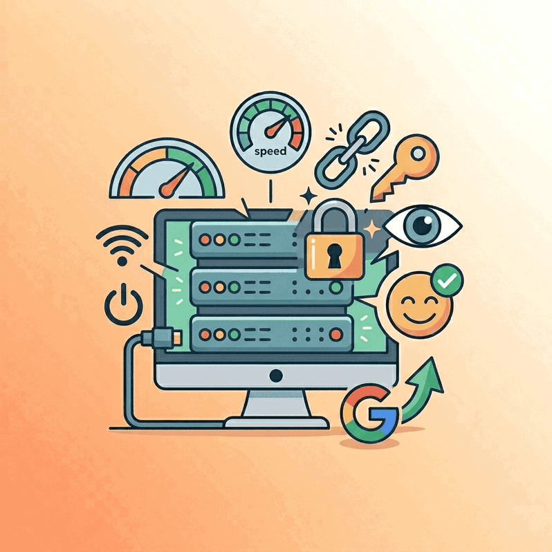 Ilustración de las características técnicas de un hosting con iconos de velocidad, seguridad y rendimiento SEO