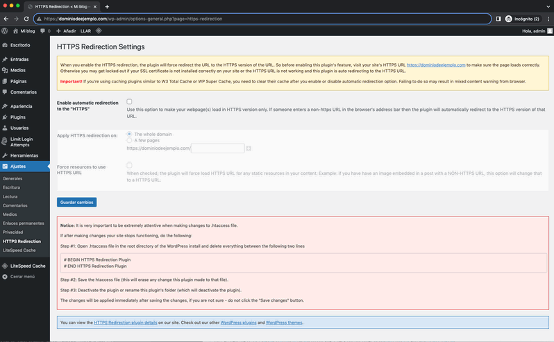 https-redirection ajustes plugin WordPress