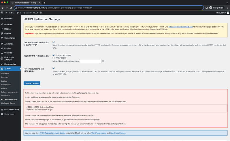 Opciones de configuración para redirecciçon