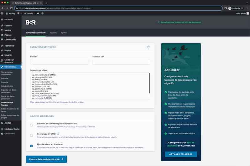 Herramientas del plugin para WordPress Better Search Replace