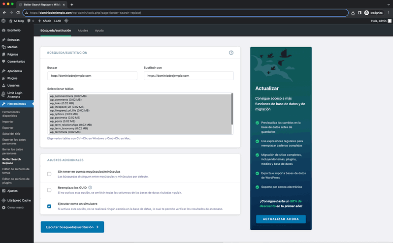 Configurar plugin para WordPress Better Search Replace