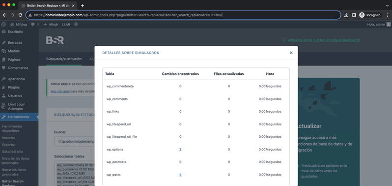 Tablas en la base de datos con Better Search Replace