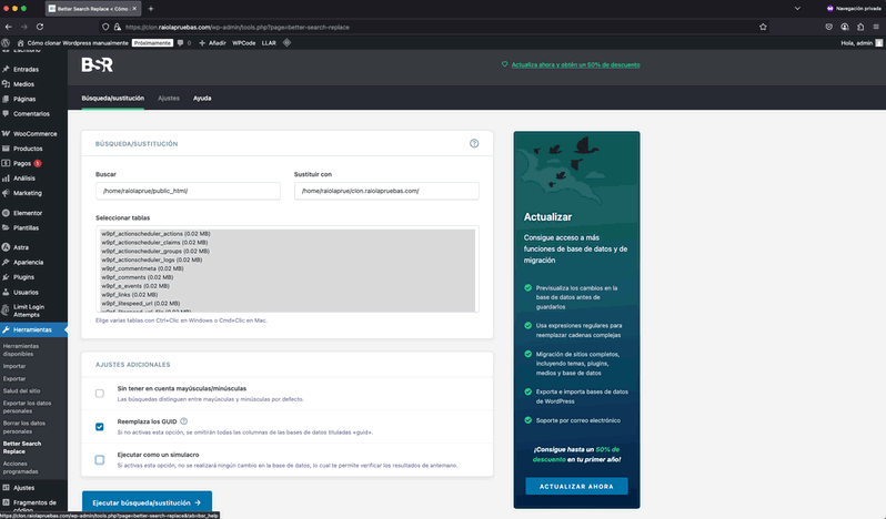 modificar la ruta completa de la web original por la nueva con Beteer Search and Remplace