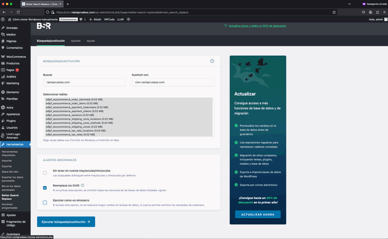 cambiar el dominio original por el nuevo al clonar WordPress