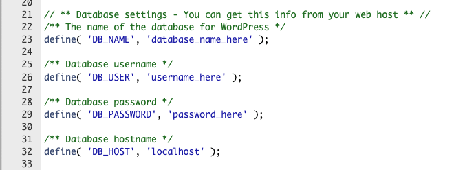 wp-config.php con la información de la base de datos para clonar WordPress