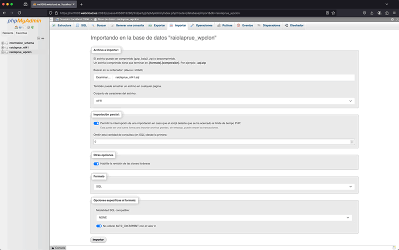 importar clon de base de datos de WordPress con phpMyAdmin