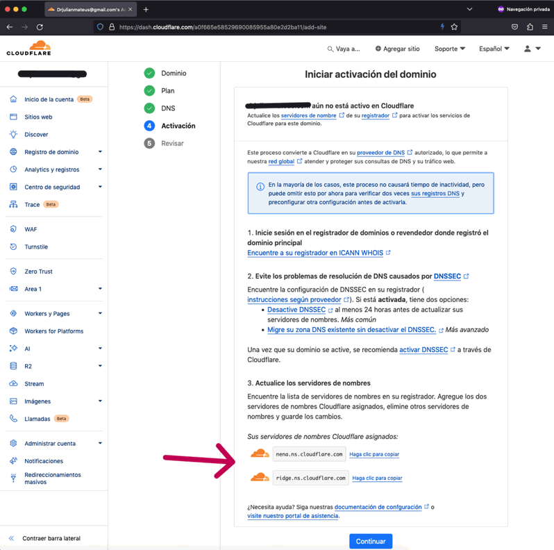 Configurar el dominio para que comience a funcionar con Cloudflare