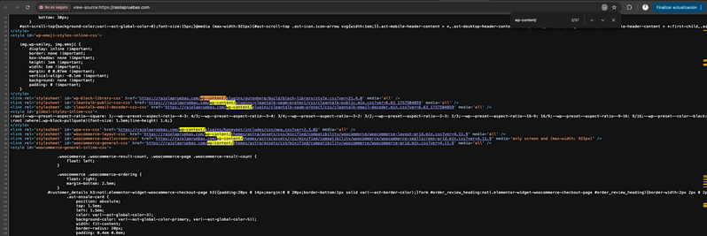 HTML de una página con referencias a wp-content que permiten confirmar que el sitio está construido con WordPress