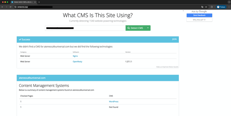 Ejemplo del análisis de WhatCMS mostrando detección del servidor y del CMS utilizado en un sitio web
