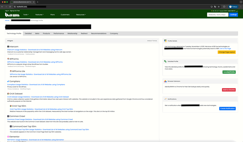 Ejemplo del análisis de BuiltWith mostrando los plugins y tecnologías utilizadas en un sitio web