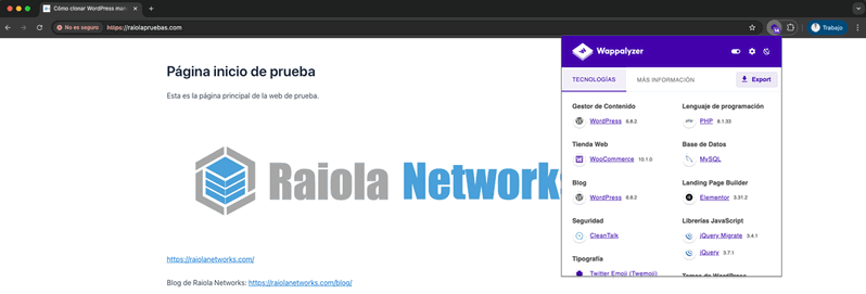 Panel de Wappalyzer identificando WordPress, WooCommerce, Elementor, PHP y MySQL
