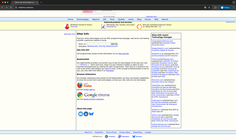 Interfaz de W3Techs mostrando opciones para analizar el CMS, lenguaje de programación y servidor de cualquier sitio web