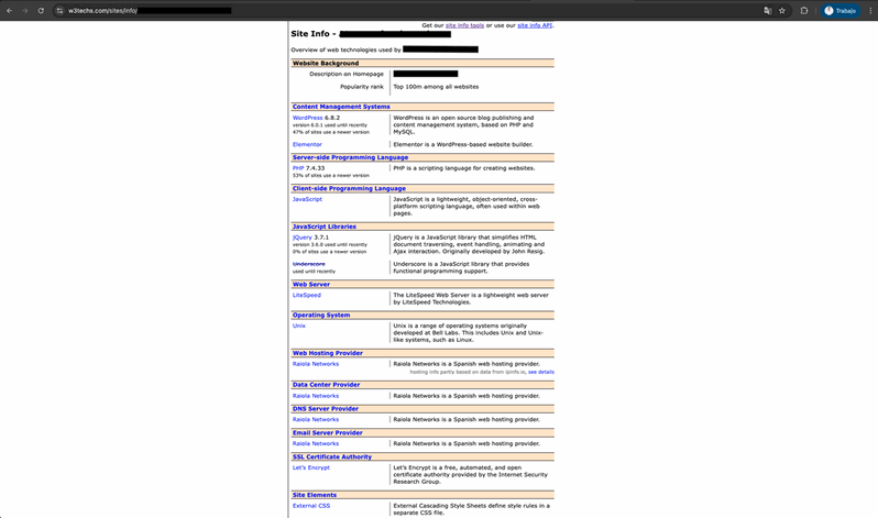 Panel de W3Techs identificando WordPress, Elementor, PHP, JavaScript, LiteSpeed y el hosting utilizado