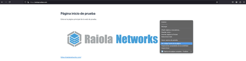 Vista de una página web de prueba con la opción ‘Ver código fuente de la página’ para identificar tecnologías o CMS