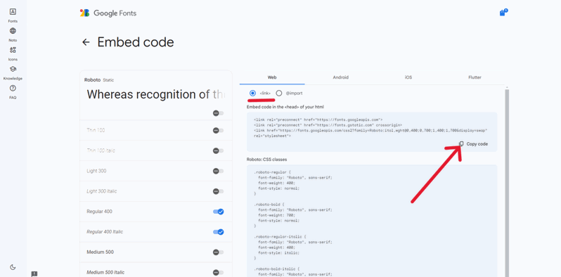 código link embed Google Fonts