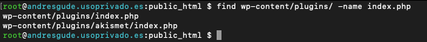 buscar archivos index.php dentro del directorio de plugins de una instalación de WordPress con comando find de Linux