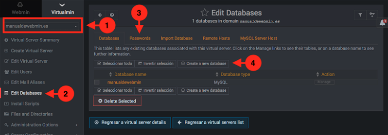 como crear bases de datos en virtualmin - paso 1