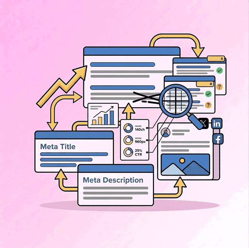 Cómo la meta description mejora la visibilidad en Google y redes sociales Diagrama de meta title y meta description con impacto positivo en buscadores y redes sociales