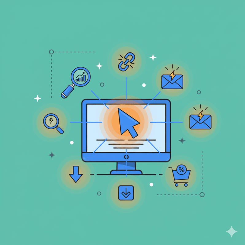 Ilustración digital que representa un monitor de ordenador con un gran cursor en el centro, simbolizando el clic (CTR)