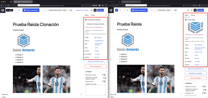 Comparativa de la barra lateral entre la página clonada y la original