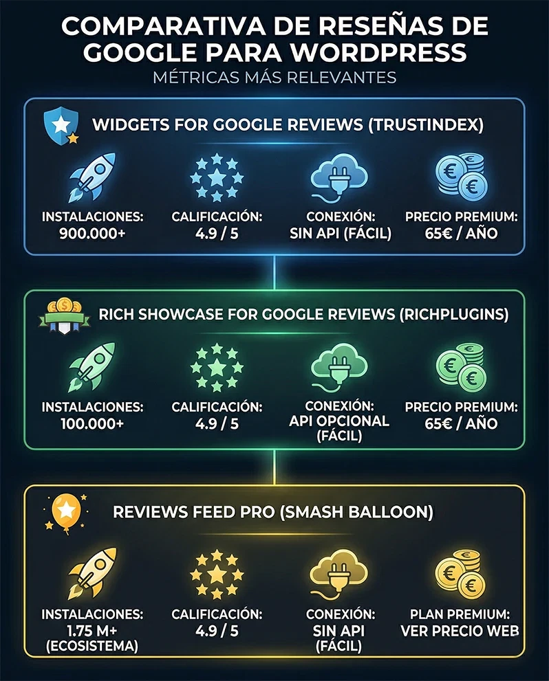 Infografía comparativa de Trustindex, RichPlugins y Smash Balloon para reseñas de Google en WordPress