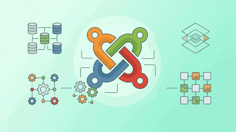 Componentes, módulos y plugins forman la arquitectura técnica de Joomla Diagrama de los componentes técnicos de Joomla con bases de datos y módulos de configuración conectados al CMS