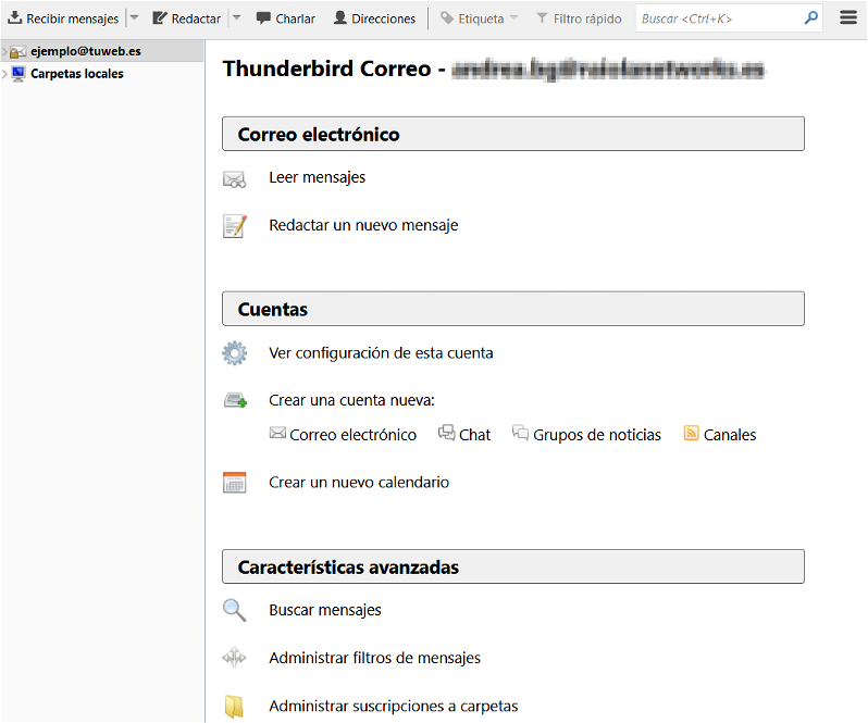 Ejemplo de bandeja de entrada en Mozilla Thunderbird