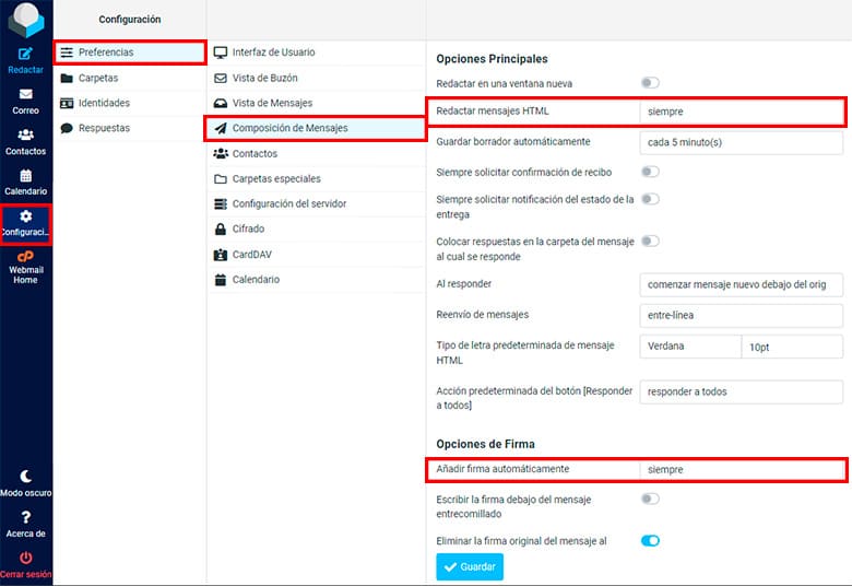 Configuración preferencias firma personalizada siempre