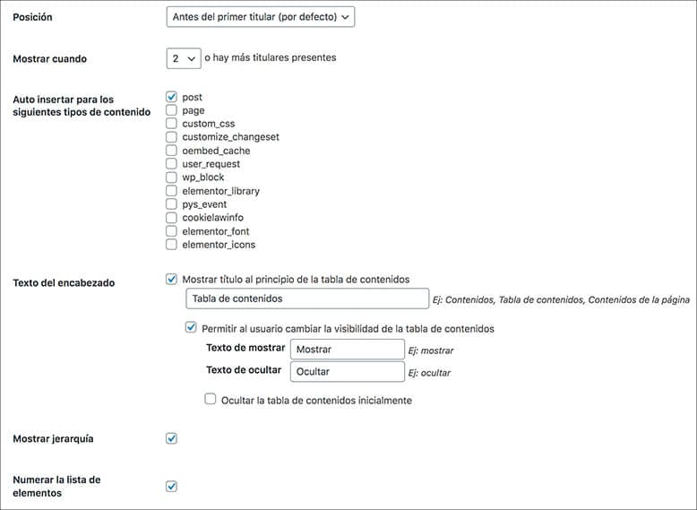 configurar table of content plus