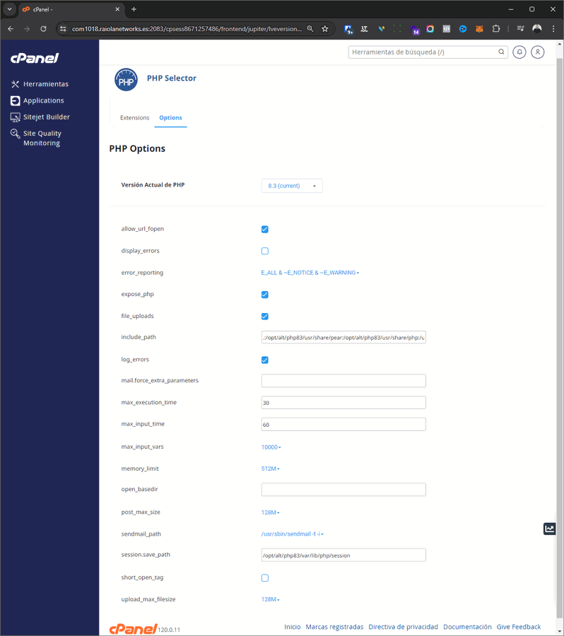 opciones php cpanel cloudlinux