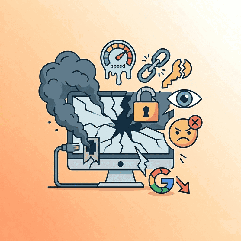 Ilustración de las consecuencias de un mal hosting con monitor roto, caída de velocidad y pérdida de posiciones en Google