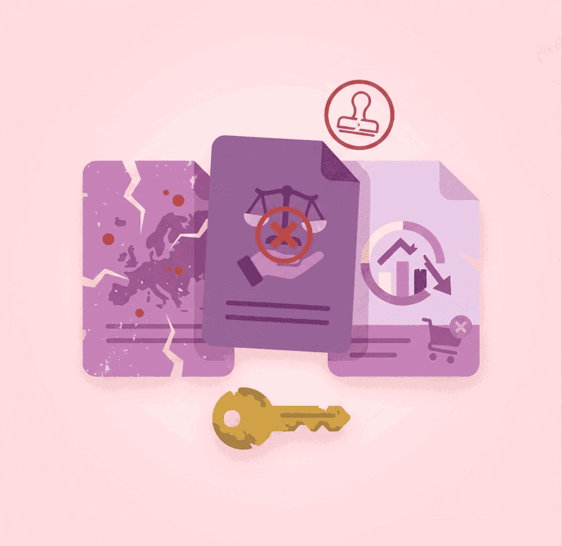 Ilustración que muestra documentos legales con texturas de desgaste y rotura, una balanza tachada con una cruz roja y un sello de advertencia, simbolizando los riesgos y multas de la AEPD por falta de textos legales.
